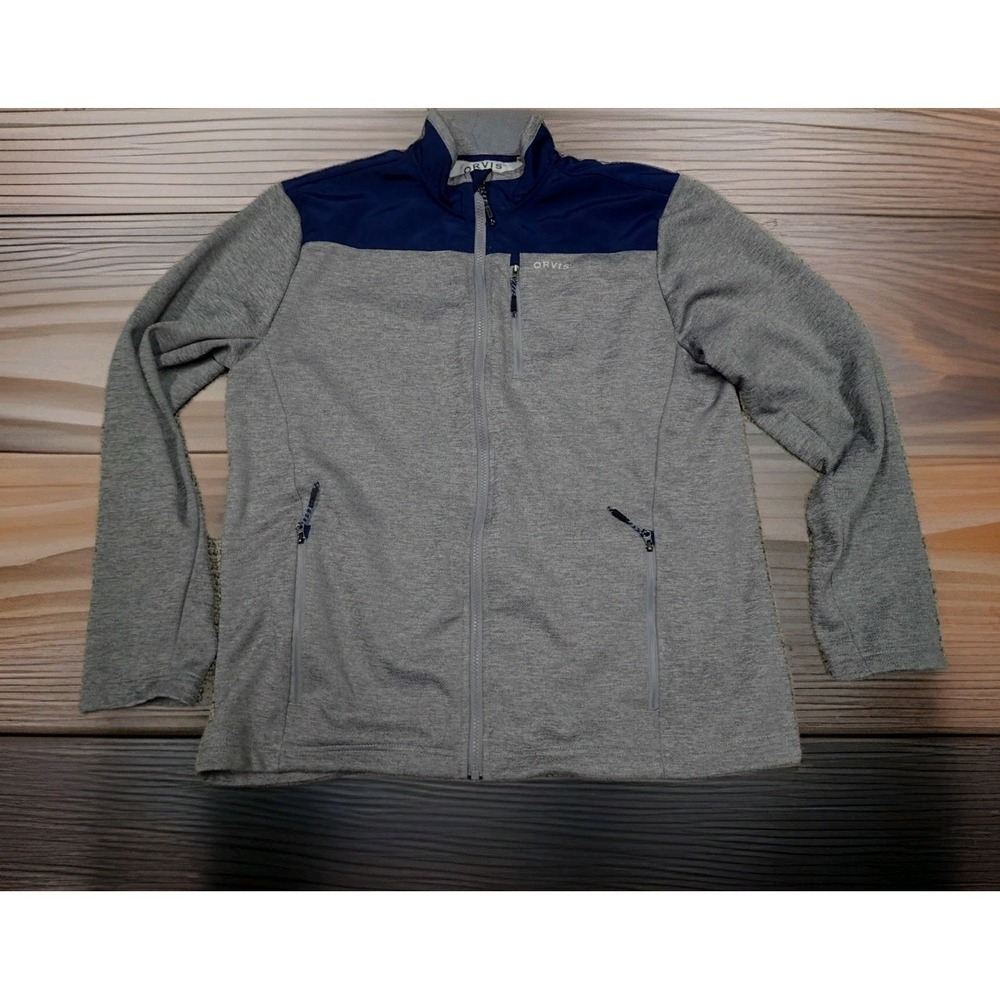 Orvis Full Zip Jacket Mens‎ Large Gray Blue Excellent Fleece Mock Neck Pocket